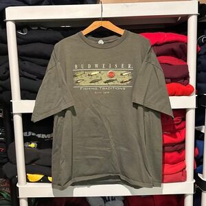 Vintage y2k Budweiser Fishing Hooks Green Mens XXL Shirt